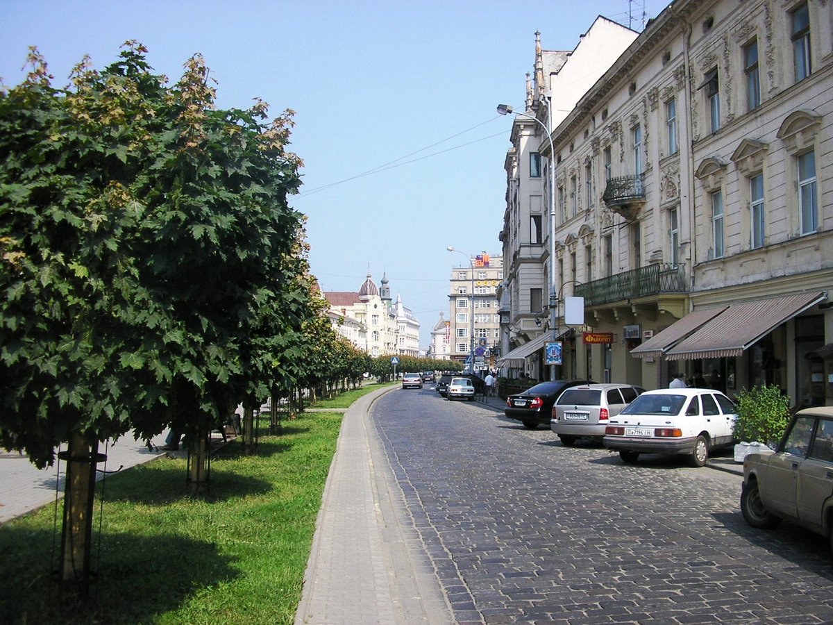 Panoramic view of Lviv city with historical buildings and greenery under cloudy sky