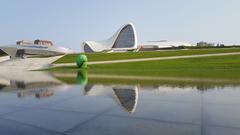 Wide angle view of Heidar Aliyev Center in Baku with its flowing, futuristic architecture under a clear sky