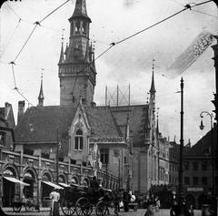Old Town Hall Munich South view with row of shops under Petersbergl west edge Viktualienmarkt