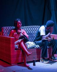 Actors performing the play 'Tant qu'on s'aime' at Institut Français in Goma by GAARJ youth organisation
