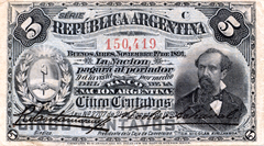 Front side of 5 centavos Peso Moneda Nacional banknote from Argentina, issued in 1891
