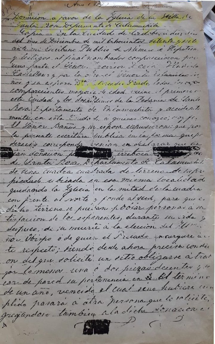 Historical donation document of Baños-Prado from the Archdiocese of Córdoba archives determining the origin of Santa Rosa de Calamuchita