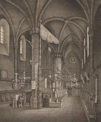 Staronová synagoga historic building in Prague depicted by Karel Nord based on Josef Mánes before 1843