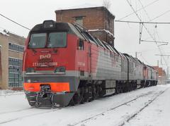 Diesel locomotives 2TE25Km-0066 and 2TE10M-0935 at Syzran' depot in Samara region Russia