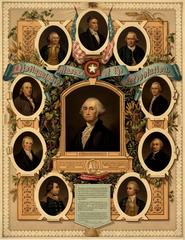 Lithograph print showing portraits of distinguished Masonic members of the American Revolution including George Washington at center surrounded by Lafayette, Joseph Warren, James Otis Jr., Peyton Randolph, David Wooster, Richard Montgomery, John Marshall, Benjamin Franklin, and Israel Putnam with Masonic symbols
