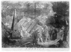 Engraving titled America showing patriotic heroes who fought for peace and liberty, featuring a pyramid with a medallion of Minerva holding a liberty cap and key