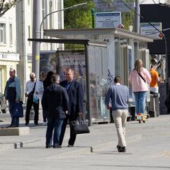 People walking and socializing in Taganka district of Moscow in April 2025
