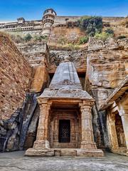 Chaturbhuj Temple in Gwalior Fort, carved into rock face, showing ancient Hindu architecture of 9th century Madhya Pradesh, India