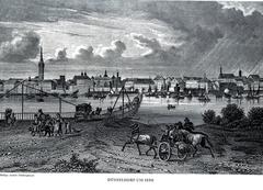 View of Düsseldorf Old Town from Oberkasseler Rheinstation around 1850
