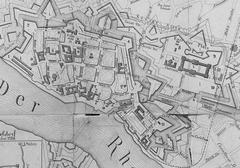 Historic detailed plan of the city of Düsseldorf in April 1866 showing bastions, fortifications, gates, barracks, churches, monasteries and public buildings