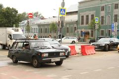 Summer scene in Moscow with tourists and city buildings in August 2016