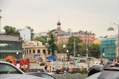 August 2016 cityscape view of Moscow with buildings and trees under clear sky