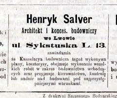 Historic advertisement by architect Henryk Salwer in Głos Wolny newspaper 1893