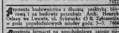 Architect Henryk Orlean advertisement in Chwila newspaper, issue 873, June 24, 1921