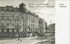 Plac Maryacki and Kopernika Street in Lviv with a construction site at Kopernika 5