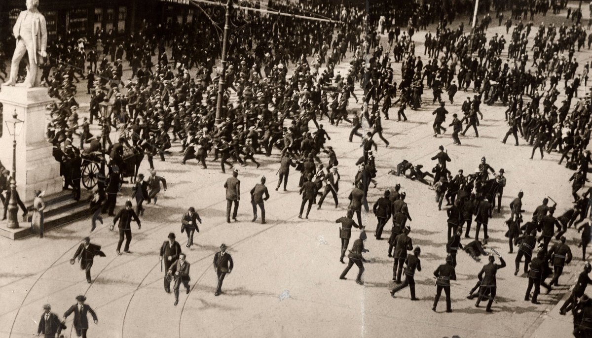 Protesters and police confrontation during the Dublin Lock-Out on Sackville Street, Dublin, Ireland