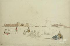 Watercolor painting of the castle and palace at Ramnagar, Kashmir during Sikh rule in 1839