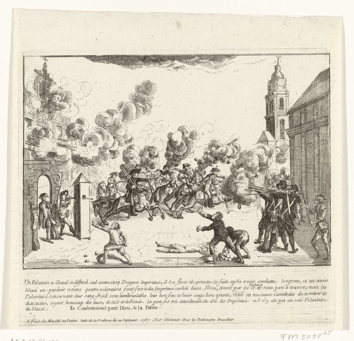 Historical engraving depicting a shooting incident between Austrian soldiers and Brabant volunteers at the Grain Market in Brussels on September 20, 1787, during the Brabant Revolution