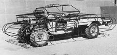 World War II Jeep fitted with metal frame to resemble a tank