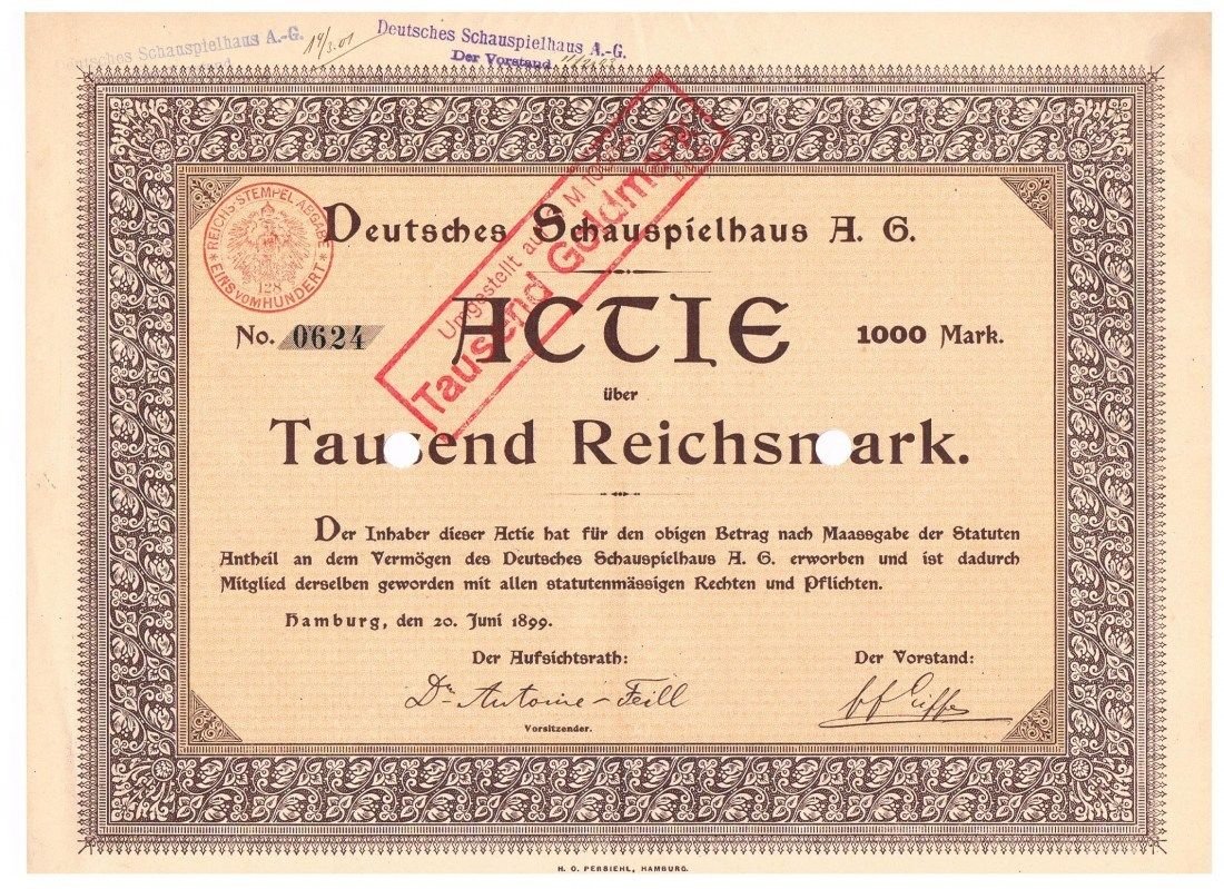 1899 share certificate of Deutsches Schauspielhaus AG, Hamburg