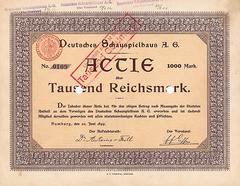 Share certificate of 1000 Mark from Deutsche Schauspielhaus AG dated June 20, 1899