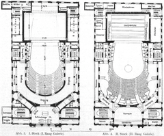 Floor plans of the first and second upper floors of Deutsches Schauspielhaus built in 1901 showing first and second tiers