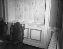 Barricaded window with broken glass inside Althingi, Icelandic parliament, after 1949 riots