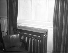 Barricaded window with broken glass inside Althingi, Icelandic parliament, after 1949 NATO founding member resolution riots