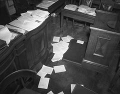 Scattered papers and leftist newspaper Þjóðviljinn inside Althingi after 1949 NATO resolution riots