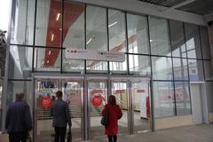Lokomotiv MCC station train on elevated tracks in Moscow
