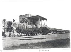 Ali Qapu Palace and west side of Naqsh-e Jahan Square with a border note indicating military barracks usage during Qajar era