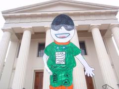 Flat Stanley paper figure in front of Old Courthouse in St. Louis urban park