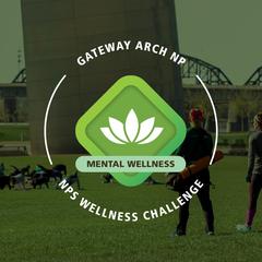 Gateway Arch National Park Mental Wellness Badge showing people practicing yoga outdoors