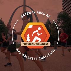Gateway Arch National Park Physical Wellness Badge with people jogging in the background