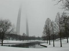Gateway Arch grounds covered in snow during winter