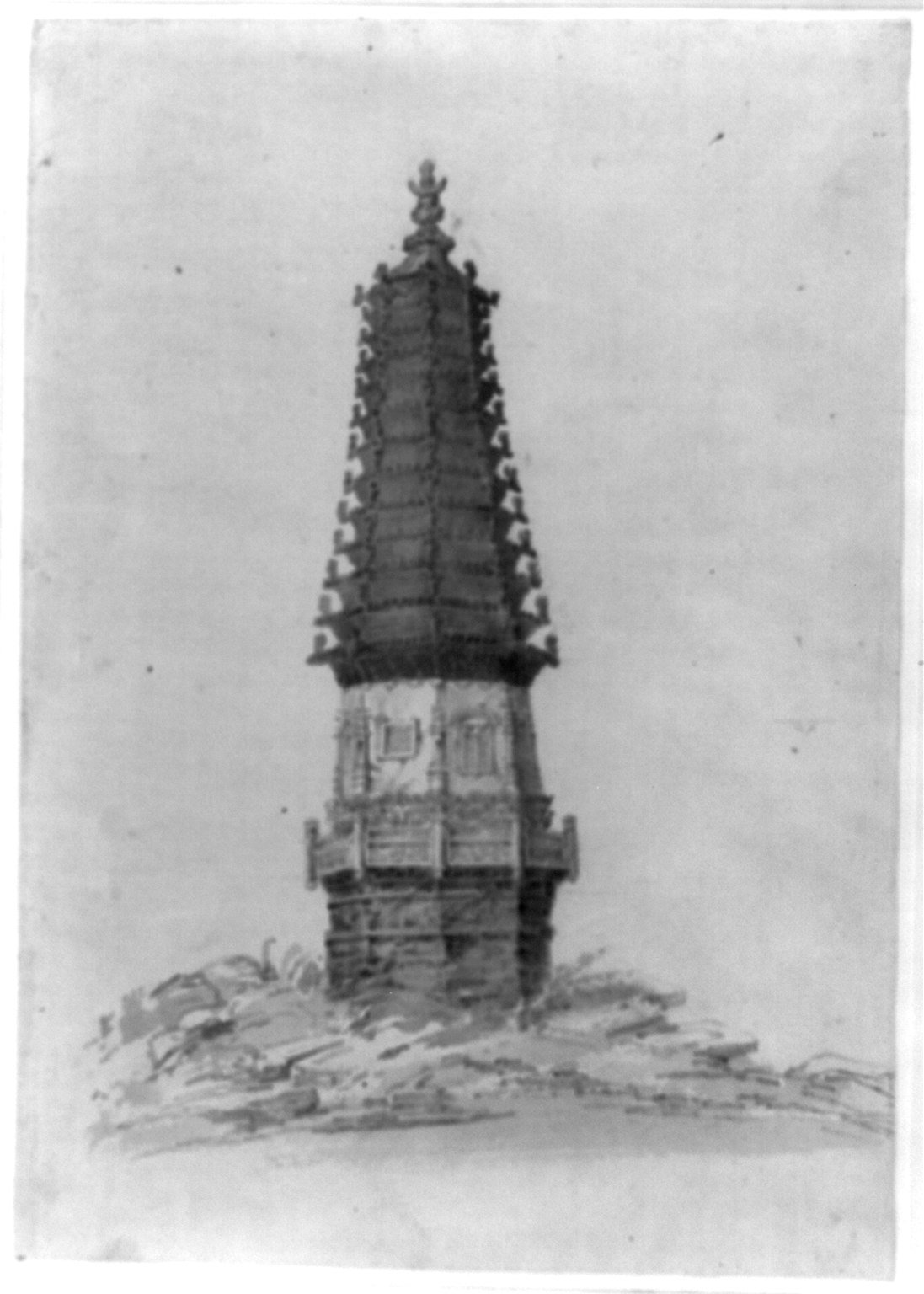 Lamaist pagoda drawing with charcoal, watercolor, and wash