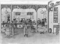 Celebration in a Chinese public house watercolor drawing