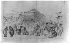 Chinese market day bazaar with a stage performance in the background