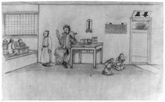 Chinese primary school classroom with teacher smoking a long pipe and students