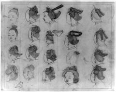 Chinese women's traditional hairstyles and faces with a sketch of a bound foot in charcoal drawing