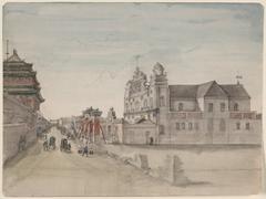 Watercolor and graphite drawing of a church in Peking with traditional architectural elements