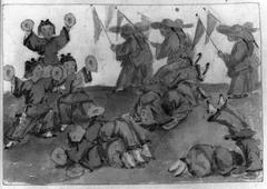 Dancers or acrobats tumbling with cymbals and marchers in the background