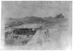 Farm buildings with courtyard and animals and two figures on roof, large building in background
