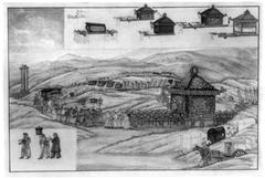 Funeral procession with numerous bearers carrying a dragon-decorated coffin on long poles
