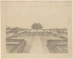 Gate of heavenly peace drawing in Peking with Chinese characters on right margin