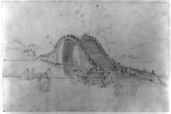 High-arched bridge over river with street vendor selling ice cold plum juice in foreground