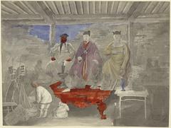 Interior of Buddhist temple or shrine with watercolor statues of Guan Yu, Liu Bei, and Zhang Fei