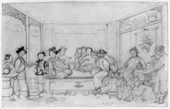 Interior scene of a birthday party with women preparing tea on the left, a group of women on a raised platform in the center, and children with elders under a Chinese longevity character on the right