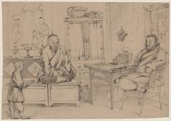 Interior view of two men served tea by a young boy in a commercial establishment during a business transaction