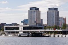 Moscow South River Terminal building and quay by the river in April 2025